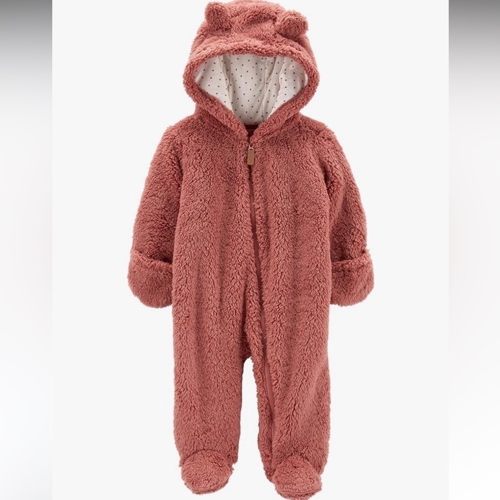 Carter’s 3 Month Pink Bear Baby Sherpa Bunting Fold Over Mits Zip Up